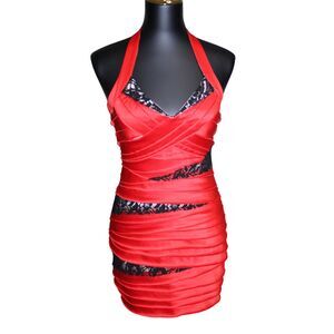 Bebe Red Satin Halter Bodycon Dress Lace Ruched Y2K Style